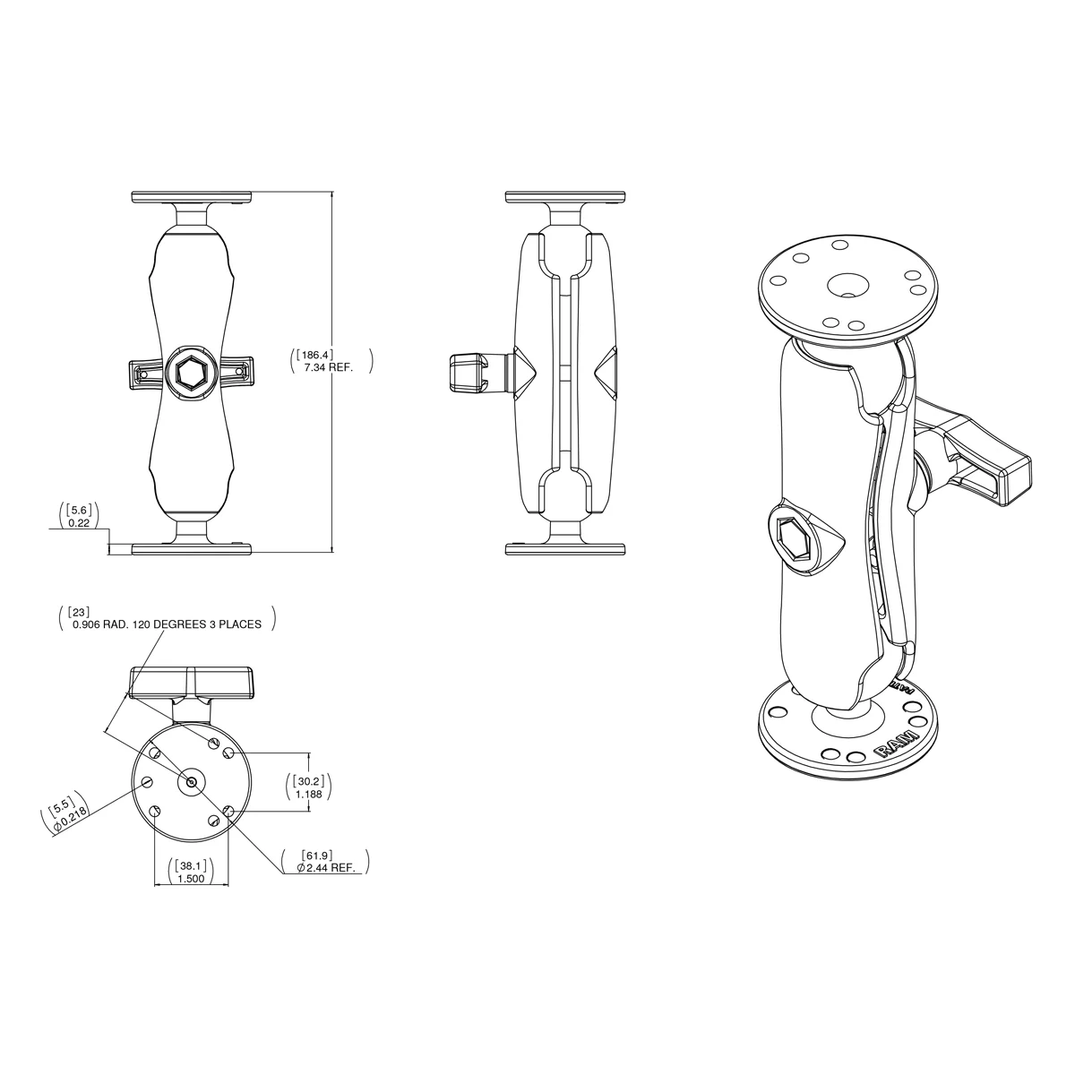 RAMĀ® Double Ball Mount with Garmin Fishfinder #6-32 Hardware - Image 2