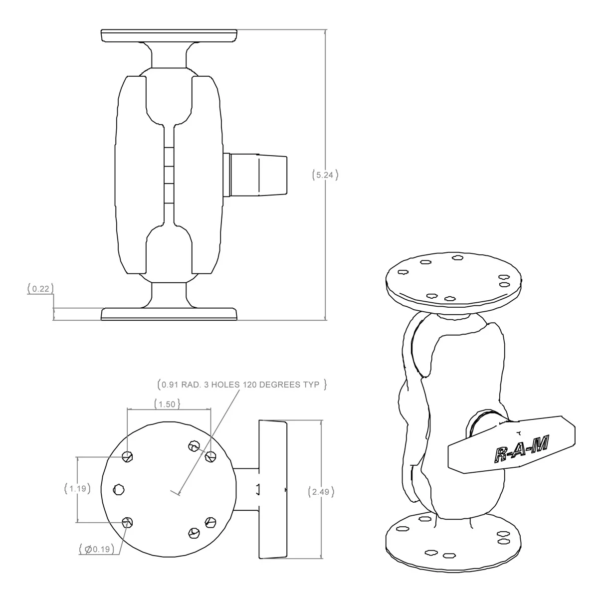RAM® Universal Double Ball Mount with Two Round Plates - C Size Short - Image 2