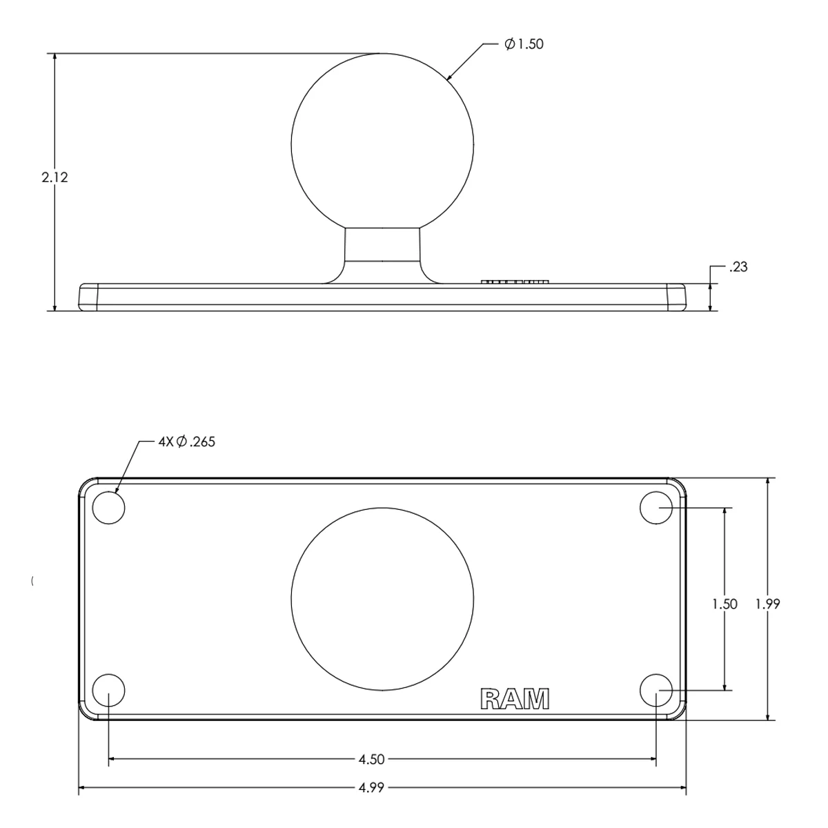 RAMĀ® Ball Base with 1.5" x 4.5" 4-Hole Pattern - C Size - Image 2