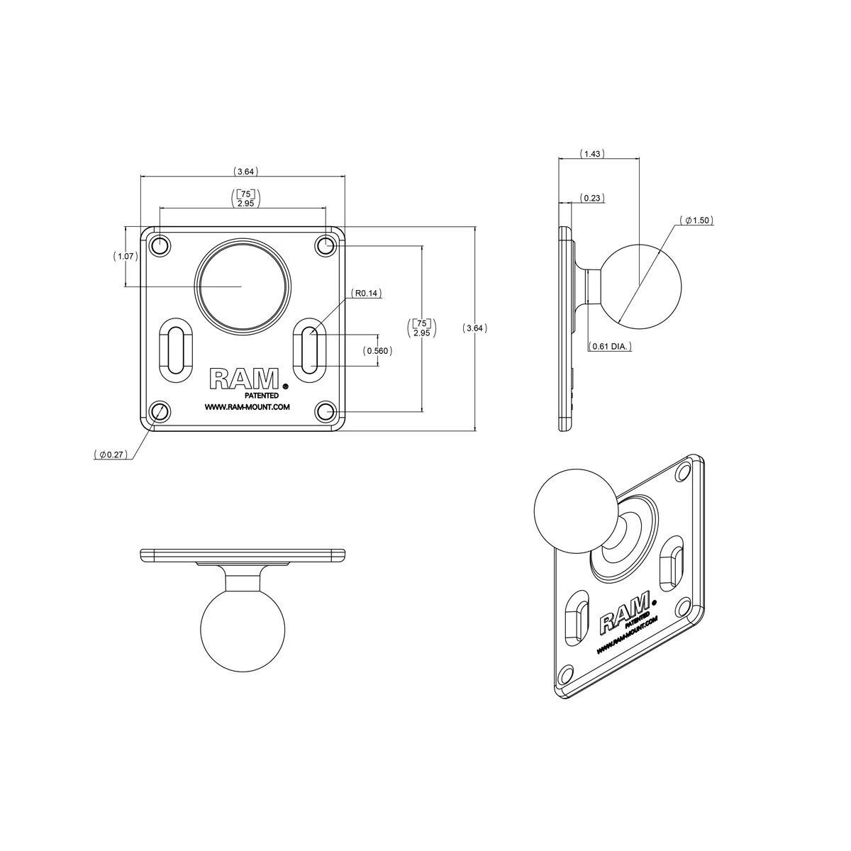 RAMĀ® 75x75mm VESA Plate with Ball - C Size - Image 4