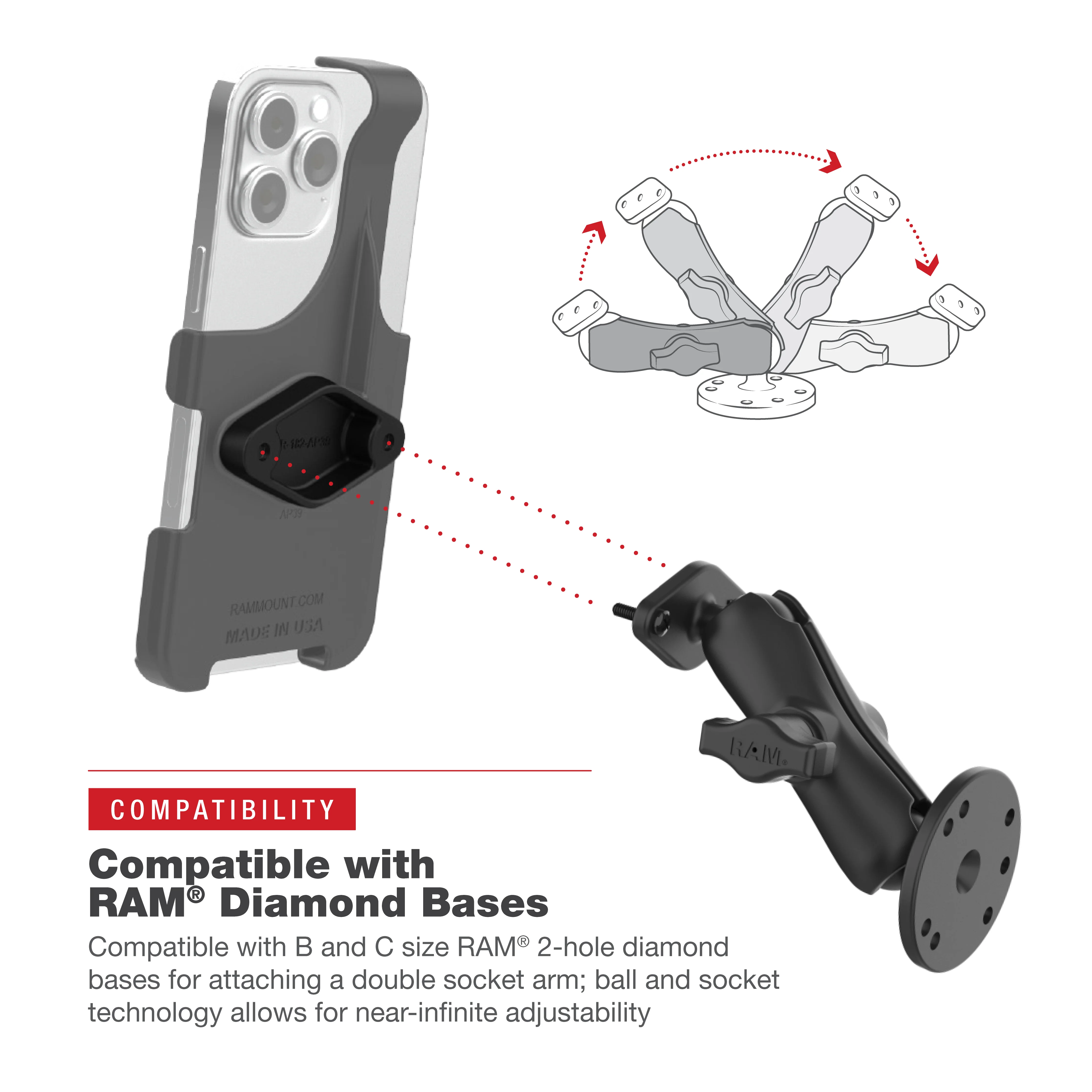 RAMĀ® Holder for iPhone 14 Plus/Pro Max, 15 Plus & 16 Plus with Ball - Image 9