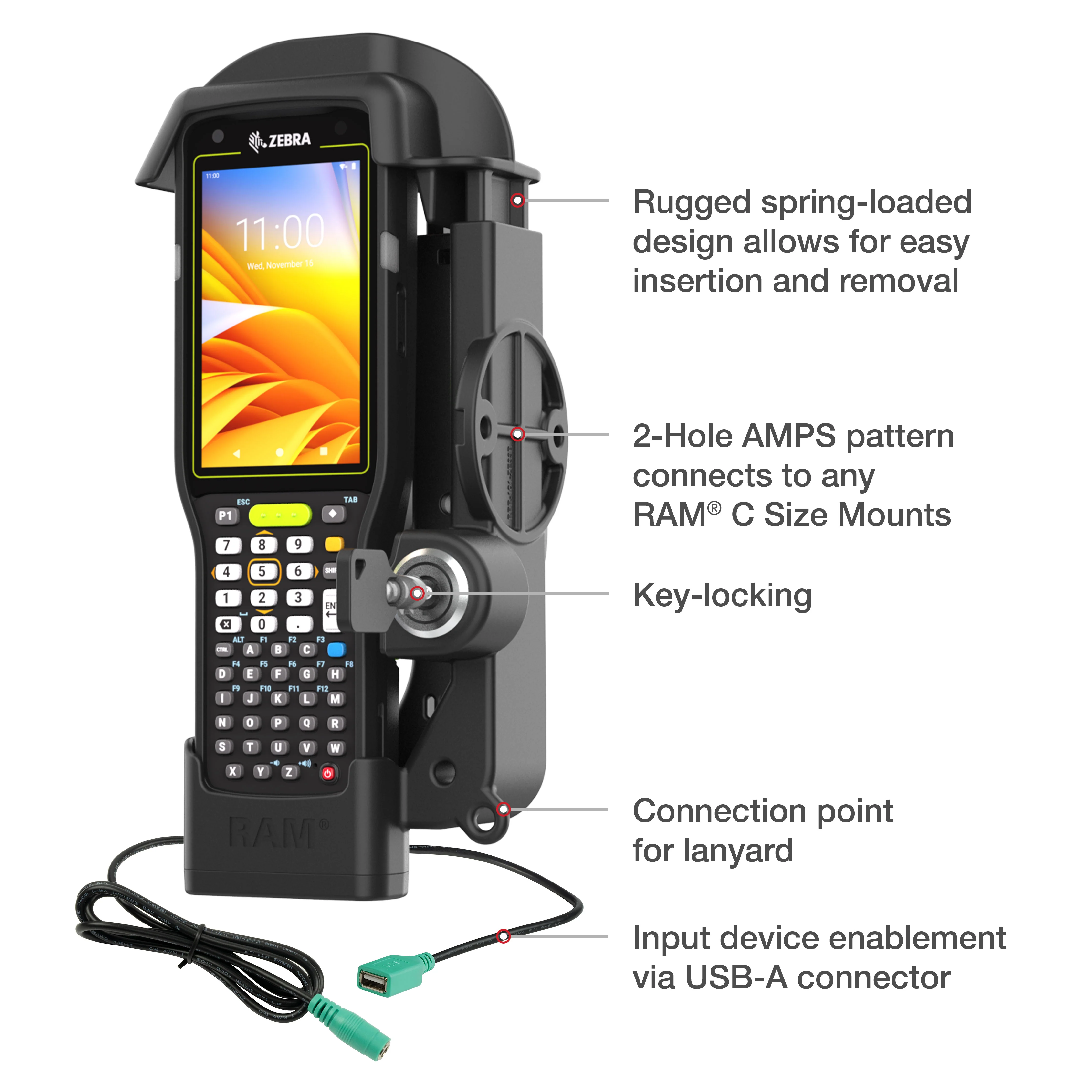RAMĀ® Locking Powered Dock + Single USB-A for Zebra MC3300/3400/3450 - Image 5